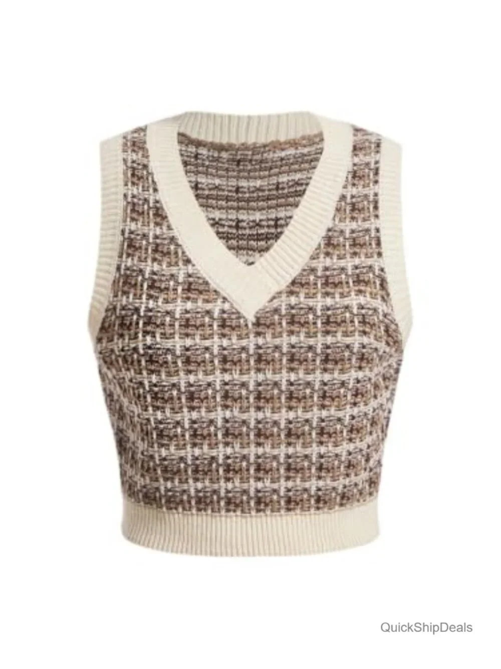 Plaid V Neck Sleeveless Knit Sweater Vest Casual Tank Top